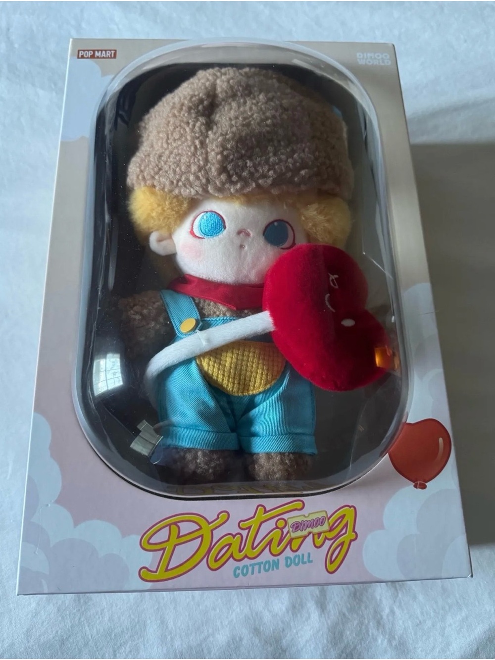 POP MART Dating Series Cotton Doll Plush - Blue Outfit, Yellow Hair, Red Heart